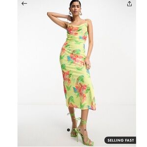Pretty Lavish Yellow Floral Midaxi Dress | Ruched Bust Side Slit | Size US 6